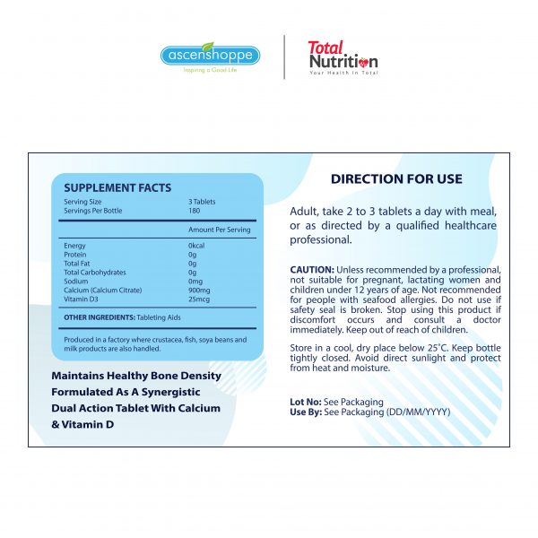 Total Nutrition Bone Plus Calcium 900mg + Vitamin D3 1000IU 180S - Image 4